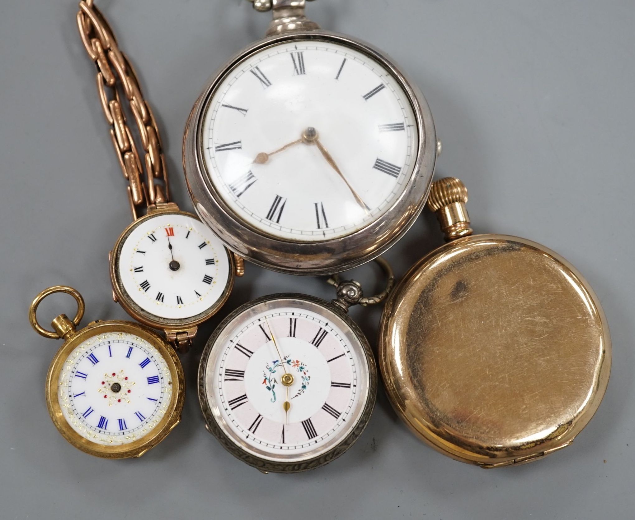 An 18k fob watch(a.f.) gross 20.4 grams, a 9ct wrist watch on a 9ct expanding bracelet, gross 20.7 grams, a gold plated pocket watch, an 800 fob watch and a 19th century silver pair cased verge keywind pocket watch, by J